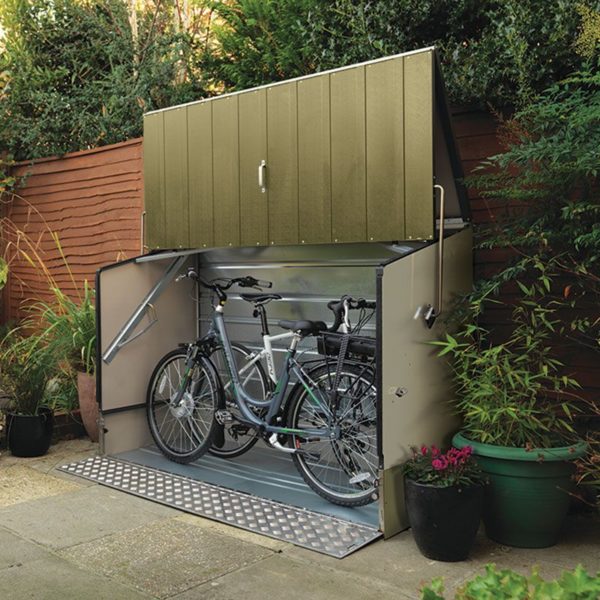 3132400 trimetals ramped metal bike shed green insitu5 min