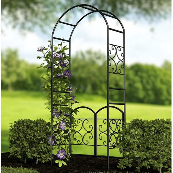 84326 panacea scrolls metal garden arch with gate 7 5 x 3 2 insitu min