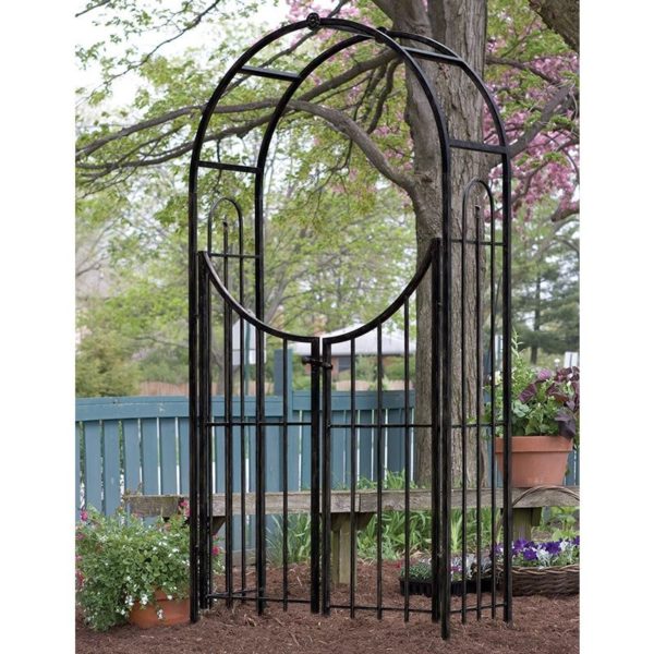 84342 panacea sunset metal garden arch with gate black 7 5 x 4 1 insitu min