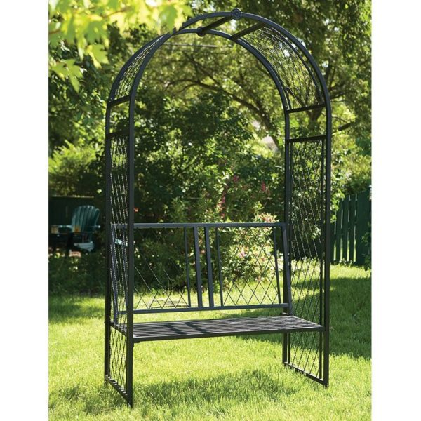 89095 panacea twisted lattice metal garden arch with seat 7 3 x 3 9 insitu min 1