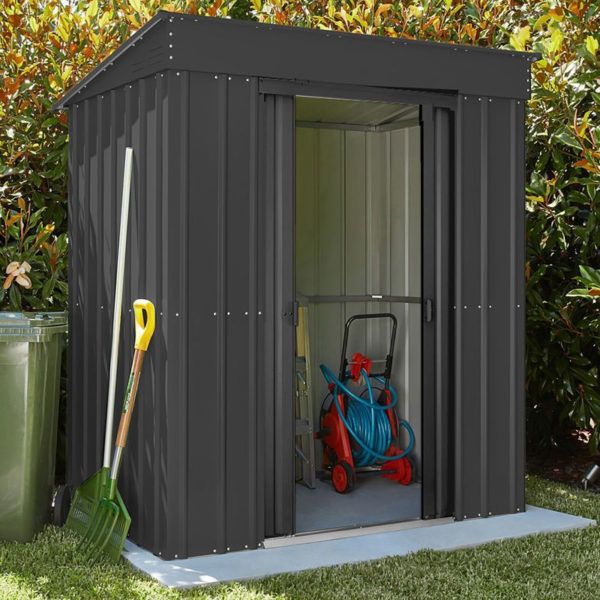 lotus6x3pentags 6x3 lotus grey pent metal shed insitu1 min