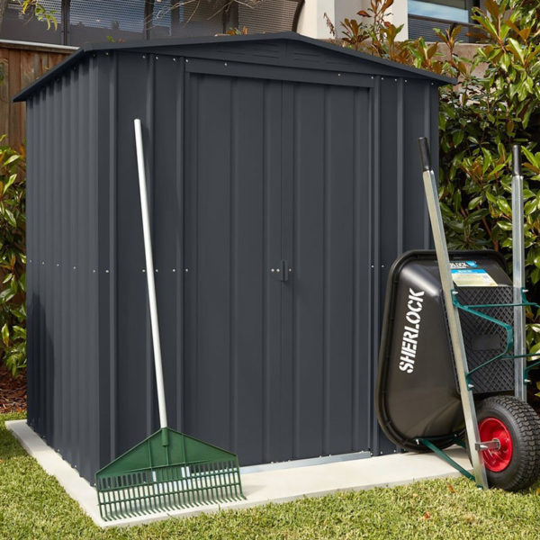 lotus6x5ags 6x5 lotus grey apex metal shed insitu2 min