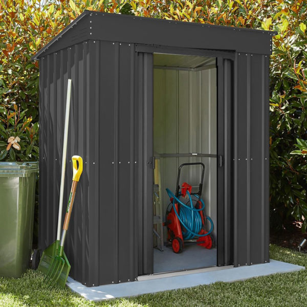 lotus8x4pentags 8x4 lotus grey pent metal shed insitu1 min